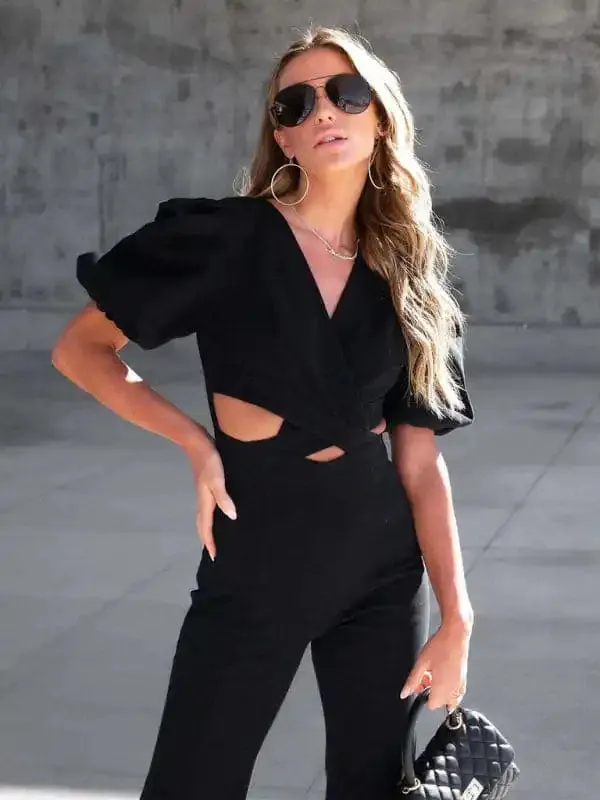 Women’s Denim Slim Puff Sleeve Crossover Waist Jumpsuit