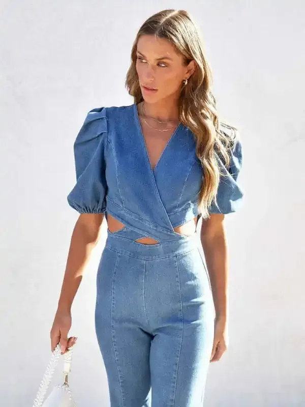 Women’s Denim Slim Puff Sleeve Crossover Waist Jumpsuit