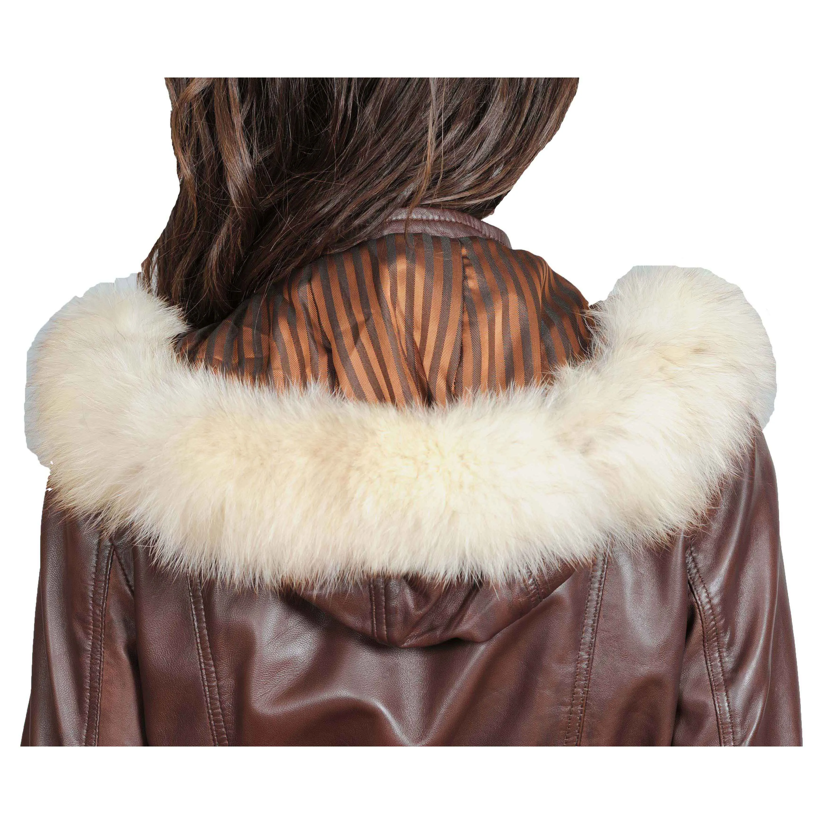 Womens Duffle Leather Coat Detachable Hood 3/4 Long Parka Jacket Mila Brown