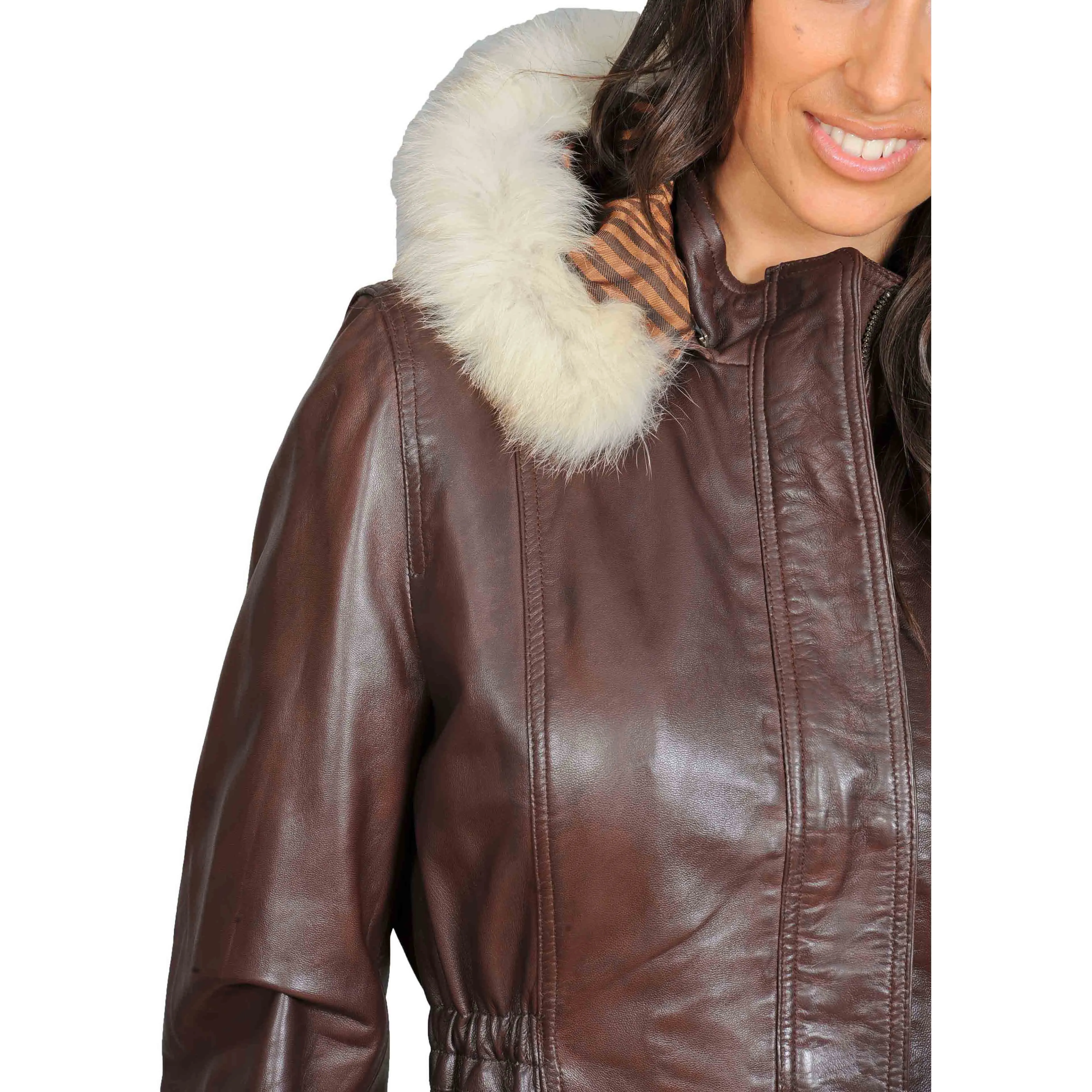 Womens Duffle Leather Coat Detachable Hood 3/4 Long Parka Jacket Mila Brown