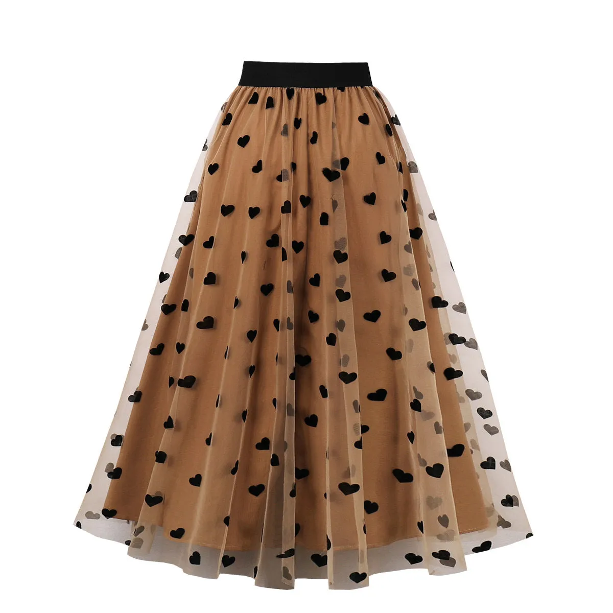 Women's Heart Printed Contrast Mesh Frill Trim Flared Midi Skirt