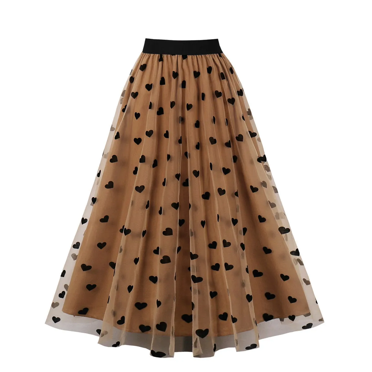 Women's Heart Printed Contrast Mesh Frill Trim Flared Midi Skirt