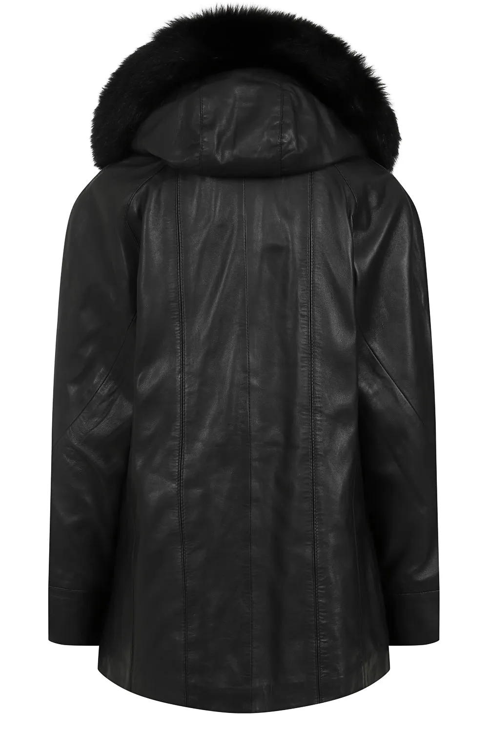 Women's Quality Black Leather Hip Length Coat with Fur Trimmed Detachable Hood - 'CARLA'