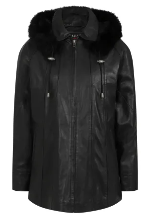 Women's Quality Black Leather Hip Length Coat with Fur Trimmed Detachable Hood - 'CARLA'