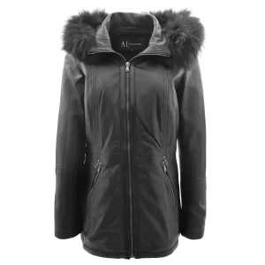 Womens Soft Black Leather Duffle Coat Hip Length Removable Hood Parka Jacket Sofia