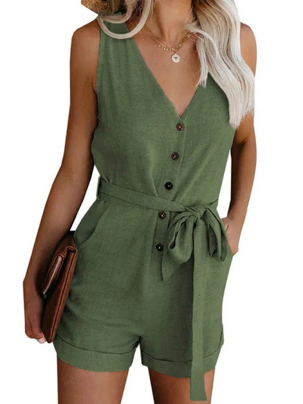 Woven V-Neck Button-Up Sleeveless Jumpsuit